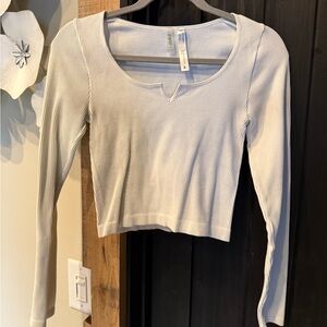 Elegant Scoop Neck Ribbed Long Sleeve Top - Light Gray